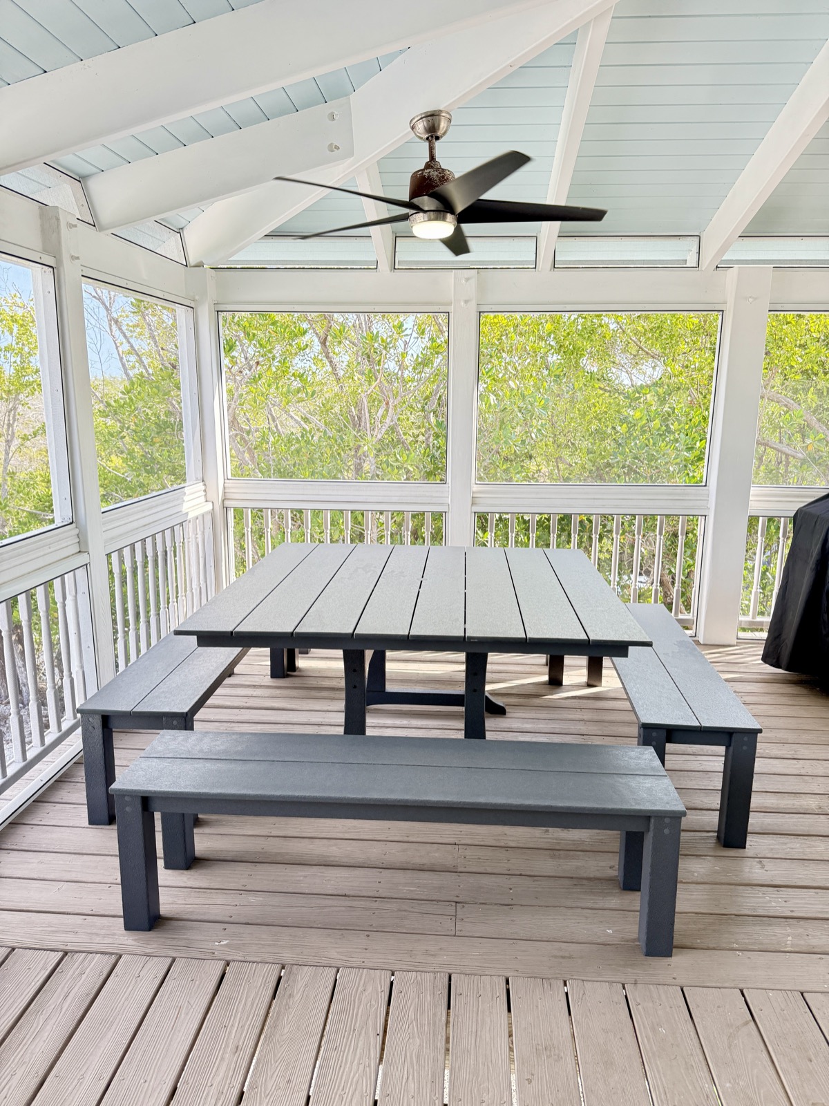 Screened porch dining area