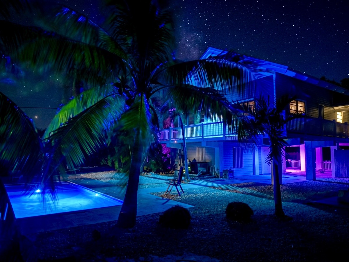 Night view with starry sky, pool, and palm trees