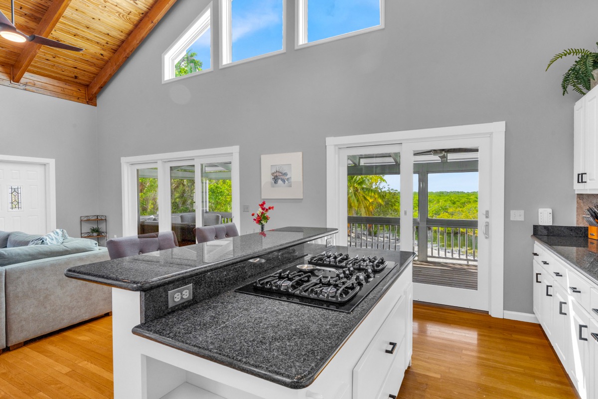 Kitchen with island and views